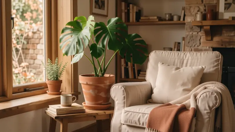 Lush green Monstera plant in a terracotta pot beside a linen armchair.