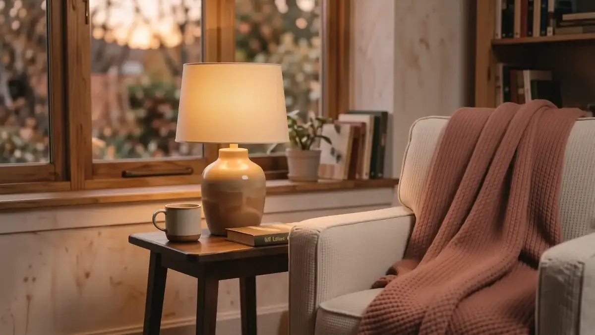 A cozy living room corner with a soft linen armchair, a warm amber lamp on a wooden side table, and a knit throw.
