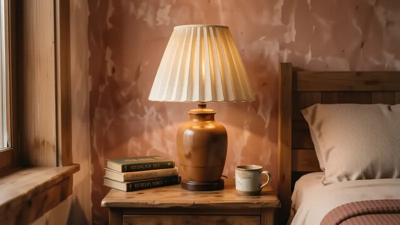 Warm amber light from a linen shaded lamp on a wooden nightstand next to terracotta walls.