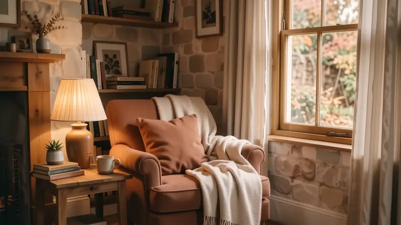 Reading nook with a boucle chair and soft linen curtains catching warm light.