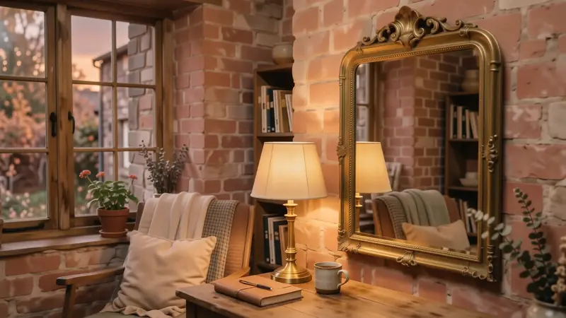 Warm lamp light reflecting in an antique brass mirror.