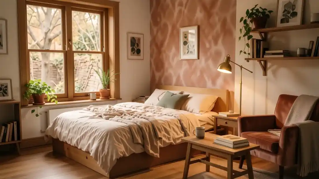 A cozy studio apartment with a linen-covered bed, warm amber lighting, and a soft cream rug.