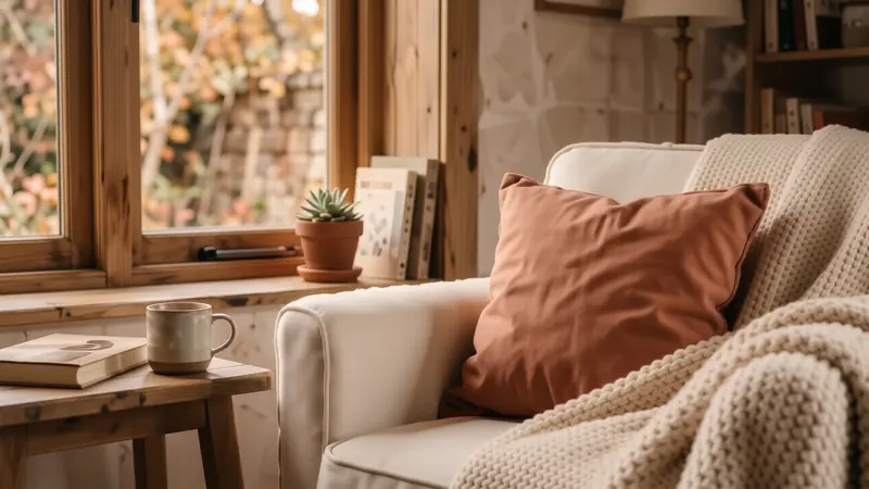 Close-up of tactile fabrics including boucle, linen, and chunky knit textures in warm tones.