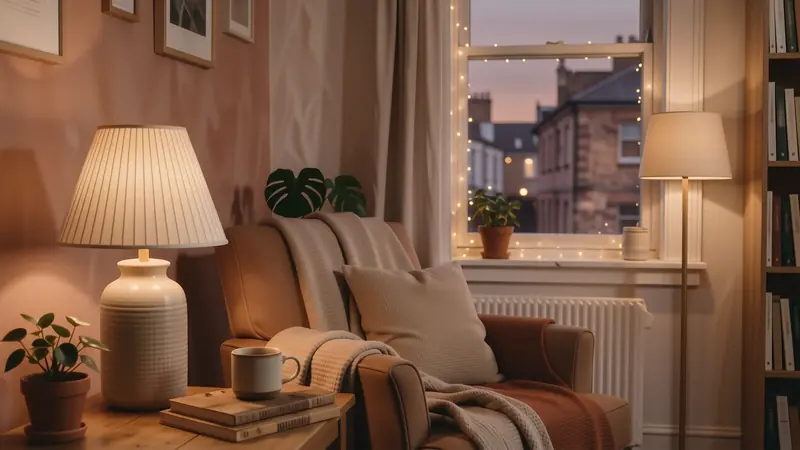 Warm ambient lighting in a studio using lamps and fairy lights to create a cozy atmosphere.