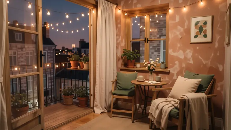 Small cozy apartment balcony decorated with string lights and bistro seating.