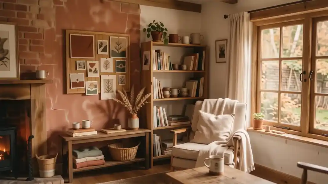 A mood board of cozy decor styles including japandi and cottagecore