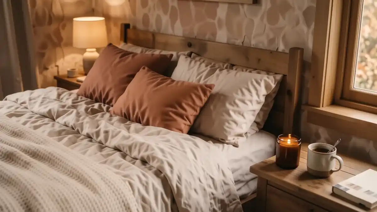 A cozy bed with layered linen sheets, a chunky knit throw, and warm ambient lighting from a ceramic lamp.