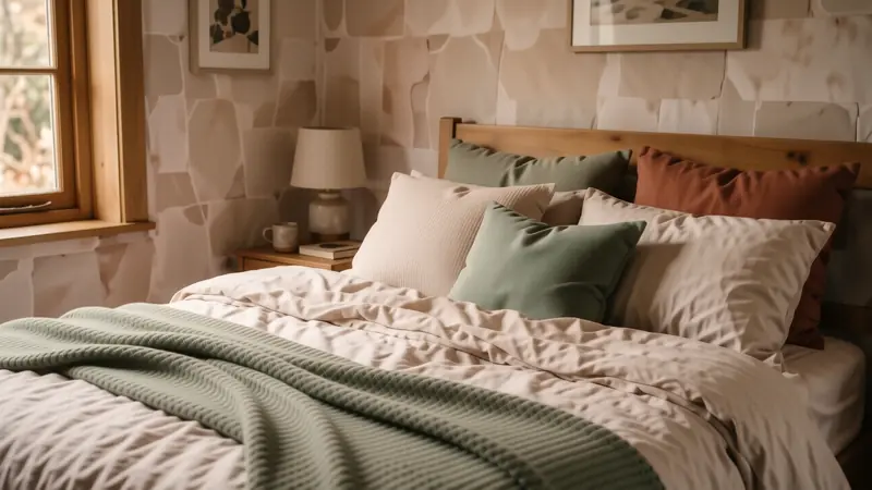 Layered bedding with linen sheets and a chunky knit wool throw in earthy tones.