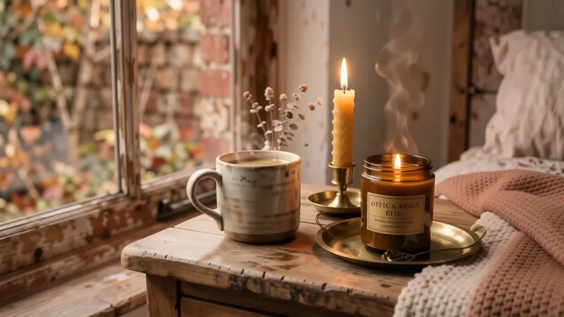 Cozy nightstand setup with a warm candle and a ceramic tea mug.