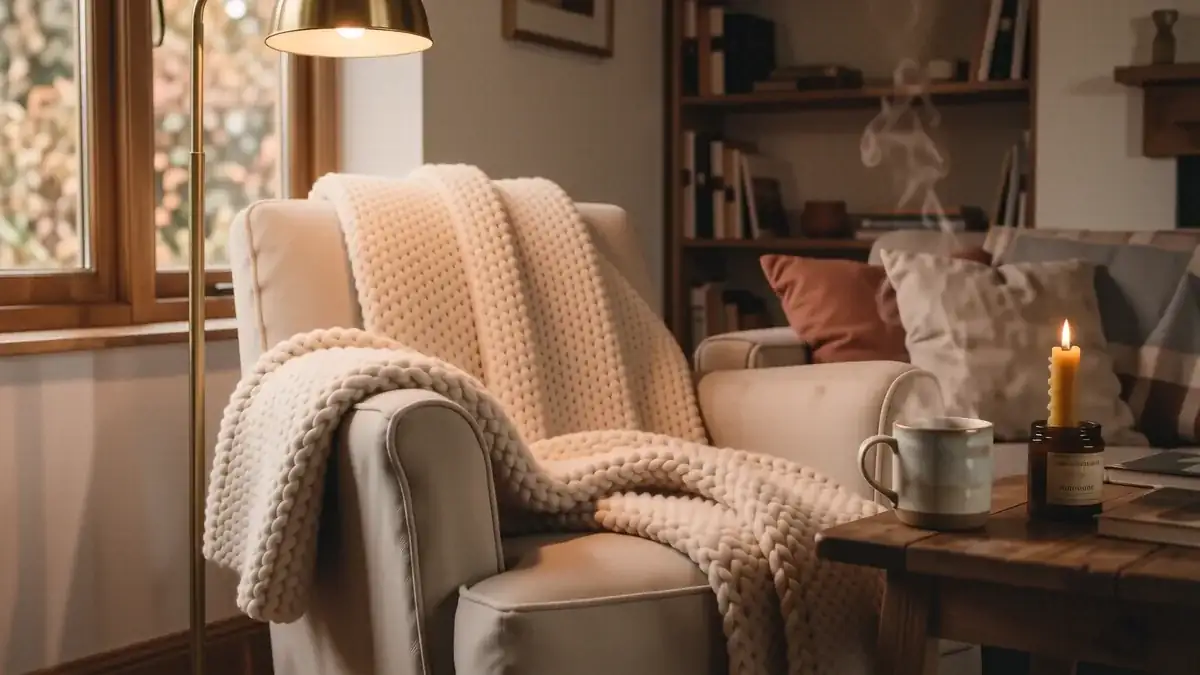 A cozy reading nook with a linen armchair, a chunky knit wool throw, and a warm lamp glowing on a wooden side table.