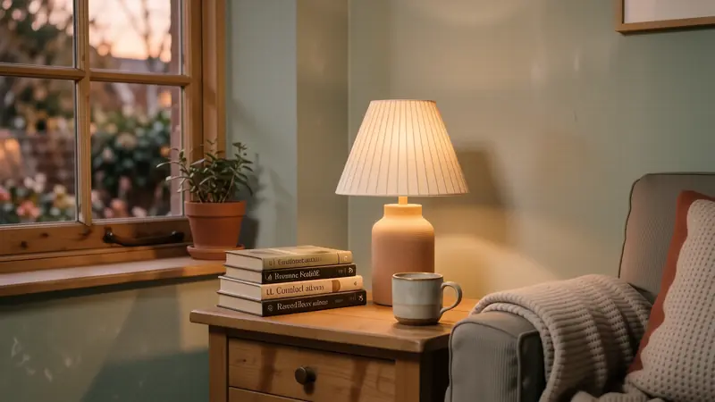Warm ambient lighting from a small pleated lamp in a cozy corner with sage green walls.