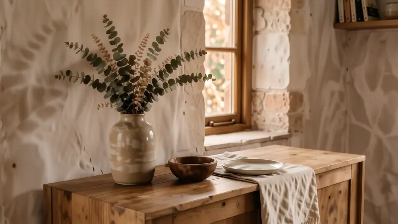 Stoneware vase with dried eucalyptus on a wooden sideboard with organic accents.