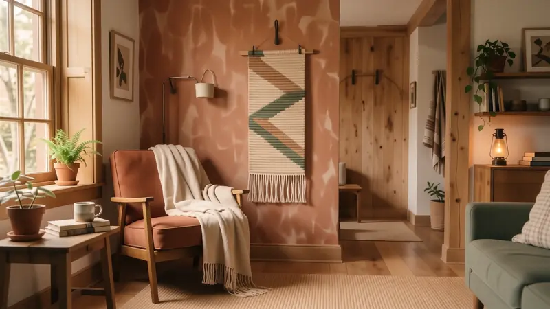 Renter-friendly decor featuring a woven wall hanging and a soft area rug.