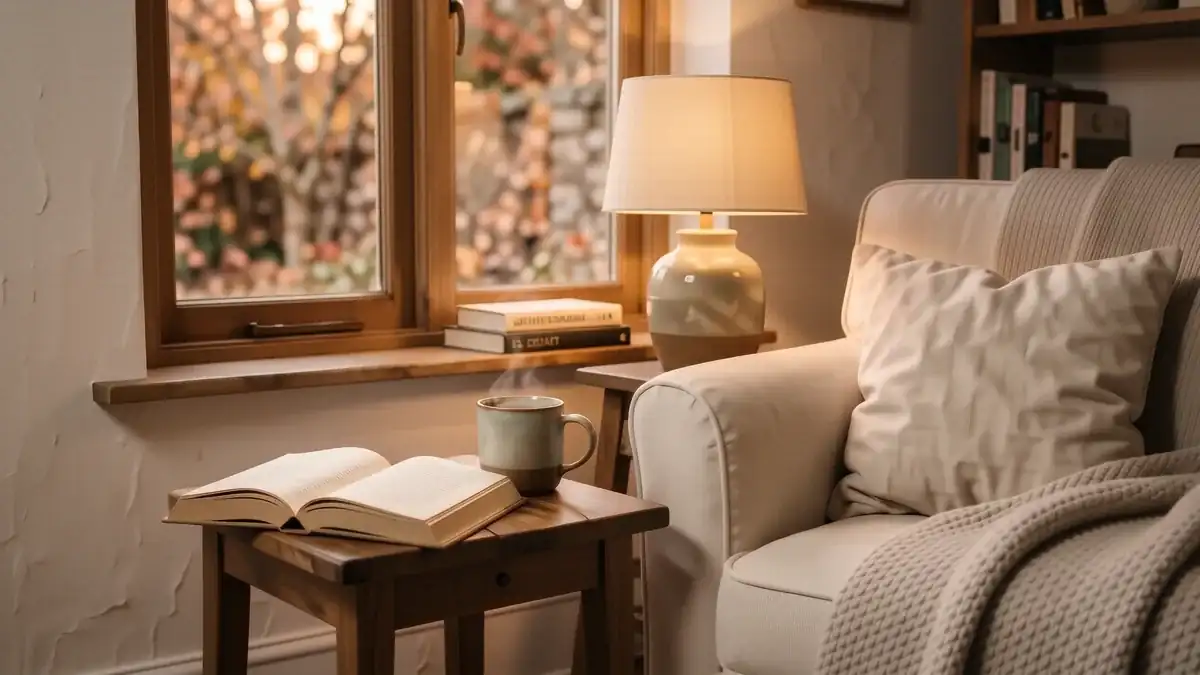 A cozy reading nook with a cream boucle chair, a chunky wool throw, and a warm amber lamp on a wooden side table.
