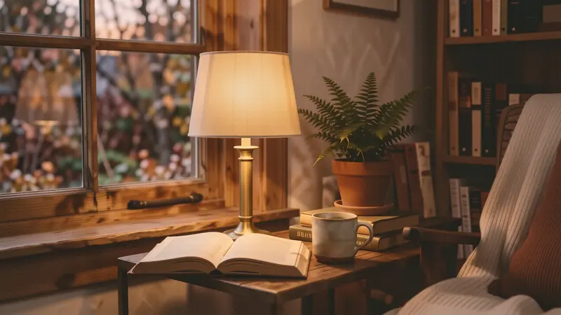 A warm brass lamp illuminating a reading nook with a ceramic mug and a soft wool blanket.