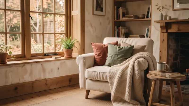A cream boucle armchair styled with a chunky knit throw and linen pillows in earthy tones.