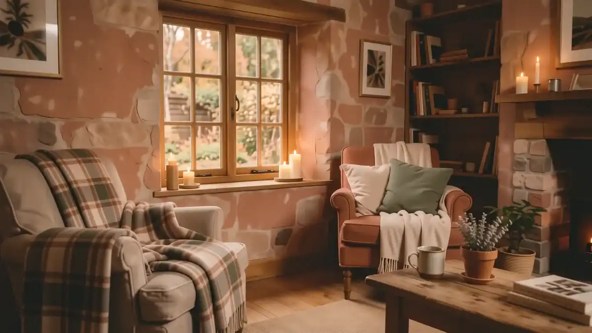 A hygge corner with candles, a blanket and warm light
