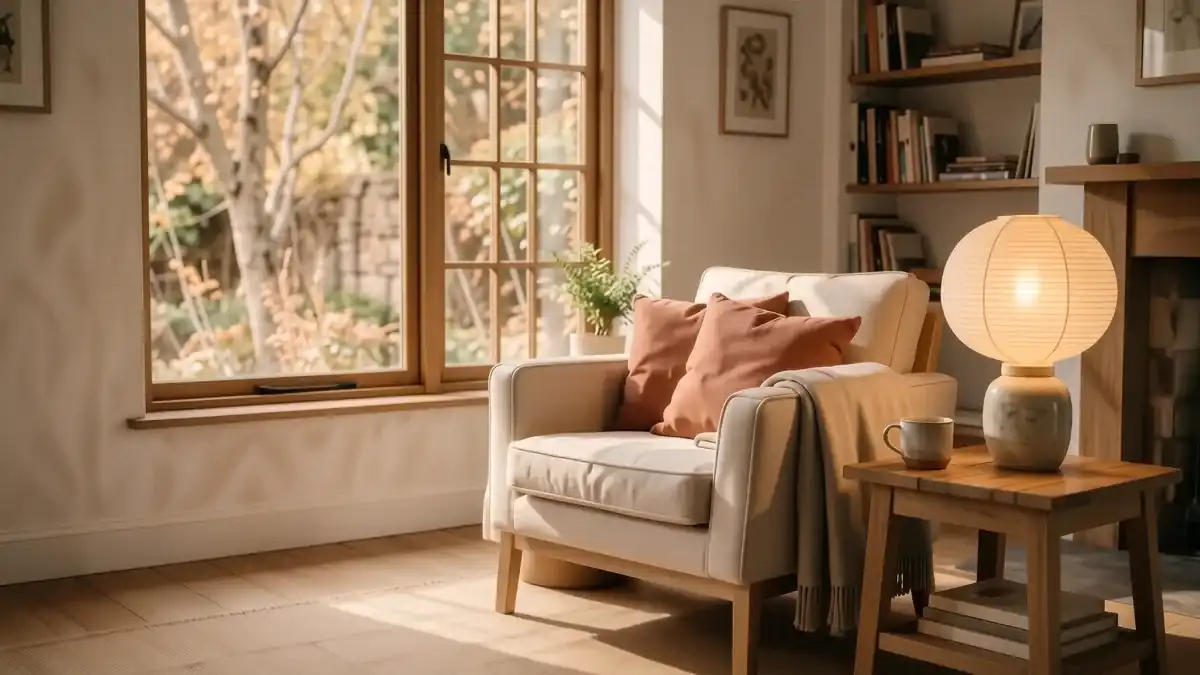 A cozy living room featuring a low wooden coffee table, linen pillows in oatmeal tones, and a soft paper lantern lamp.