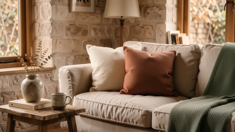 Close up of cream boucle and terracotta linen cushions on an oatmeal sofa.