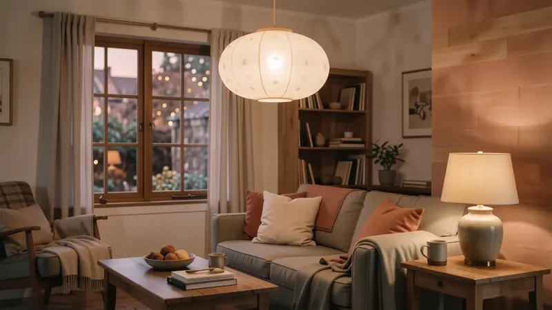 Soft lighting in a cozy room with a rice paper pendant lamp.