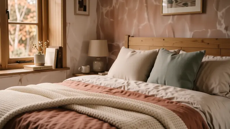 Layered bedding with wool knits and linen textures.