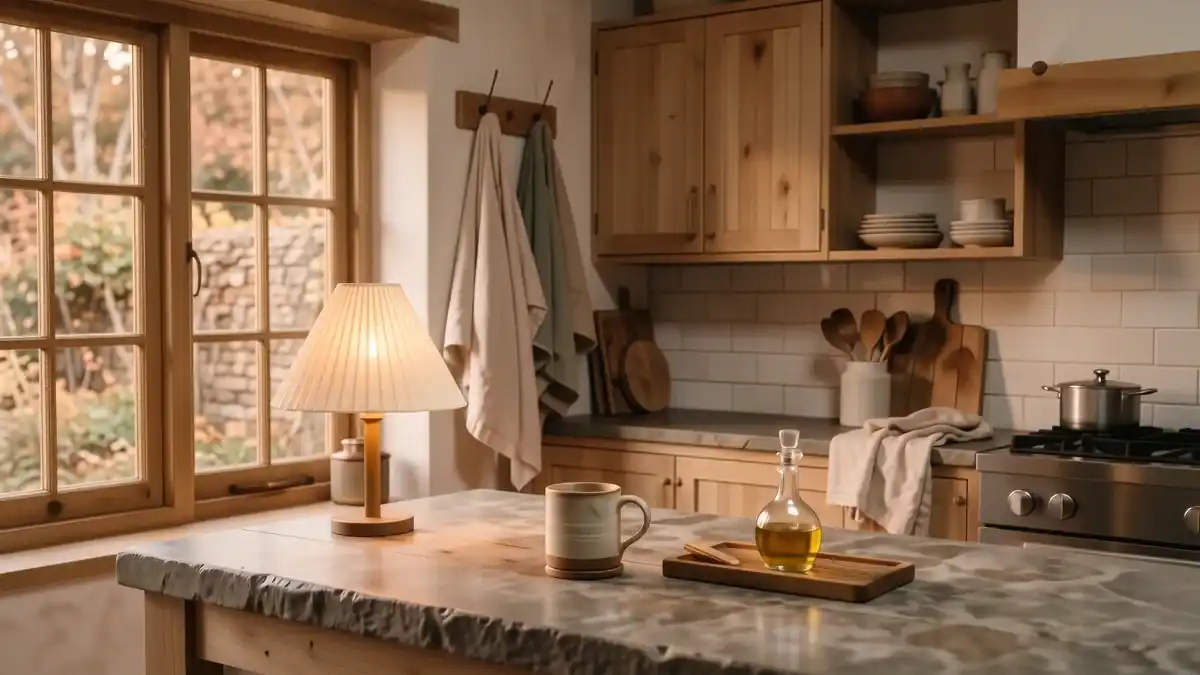 A serene kitchen with light oak cabinetry, a beige linen tea towel, and a ceramic vase with a single branch.