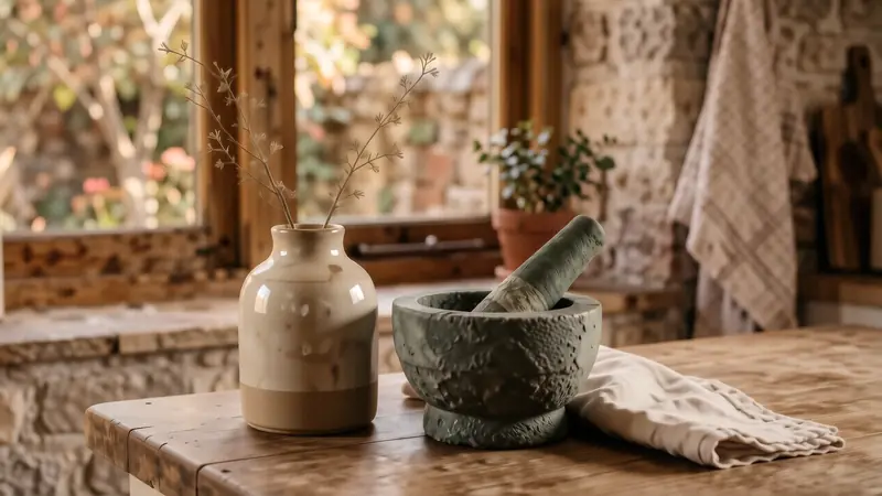 Close up of oatmeal ceramic vase and stone mortar on a neutral kitchen counter.
