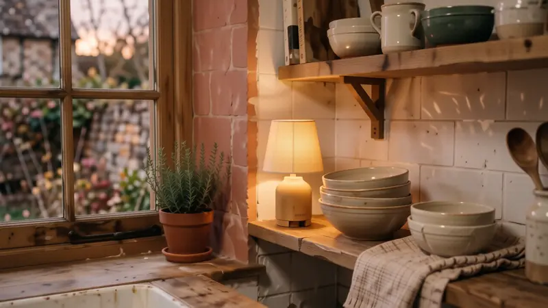 Warm cordless lamp glowing in a dark kitchen corner next to ceramics.