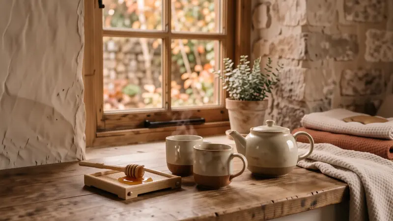 Minimalist tea station with a ceramic teapot and bamboo tray.