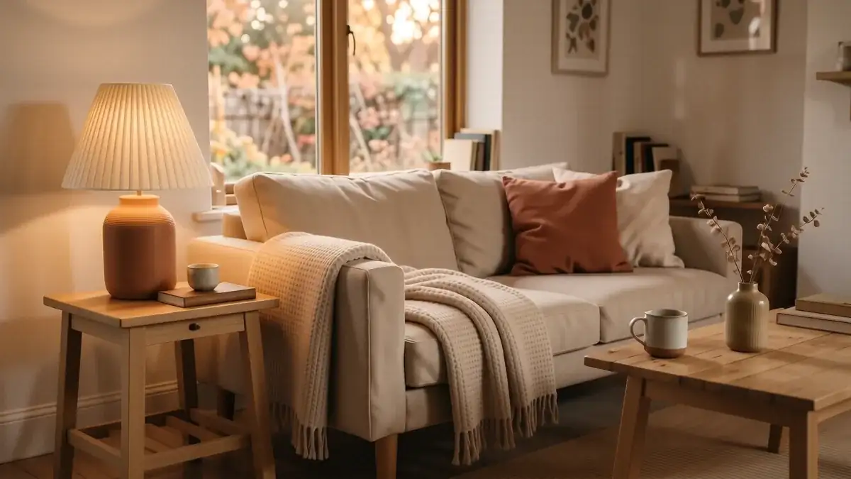 A cozy living room corner with an oatmeal linen sofa, a wooden side table, and soft amber lamp light.