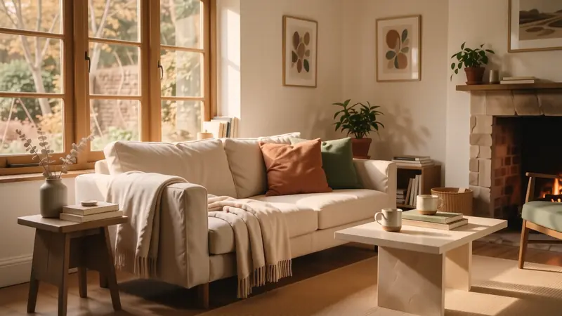 Warm minimalist living room with cream linen sofa and travertine coffee table in soft afternoon light.
