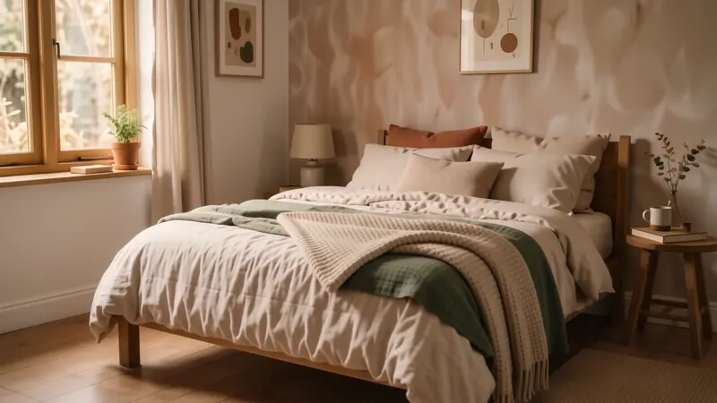 Cozy minimalist bedroom with textured linen bedding and a wool throw.