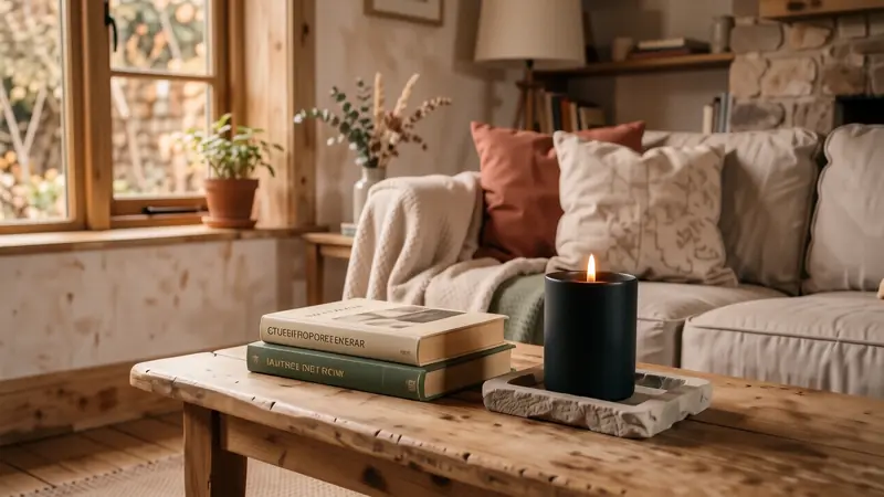 Stylized coffee table with minimal decor items on a wooden surface.