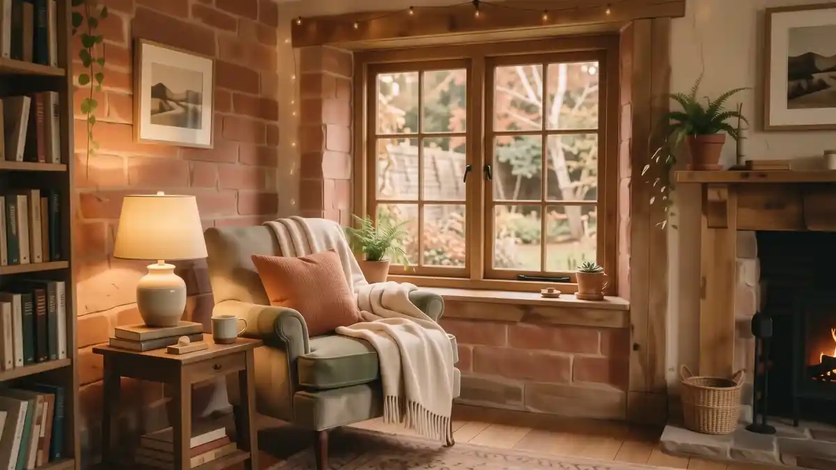 A cozy reading nook by a window with a chair, lamp and blanket