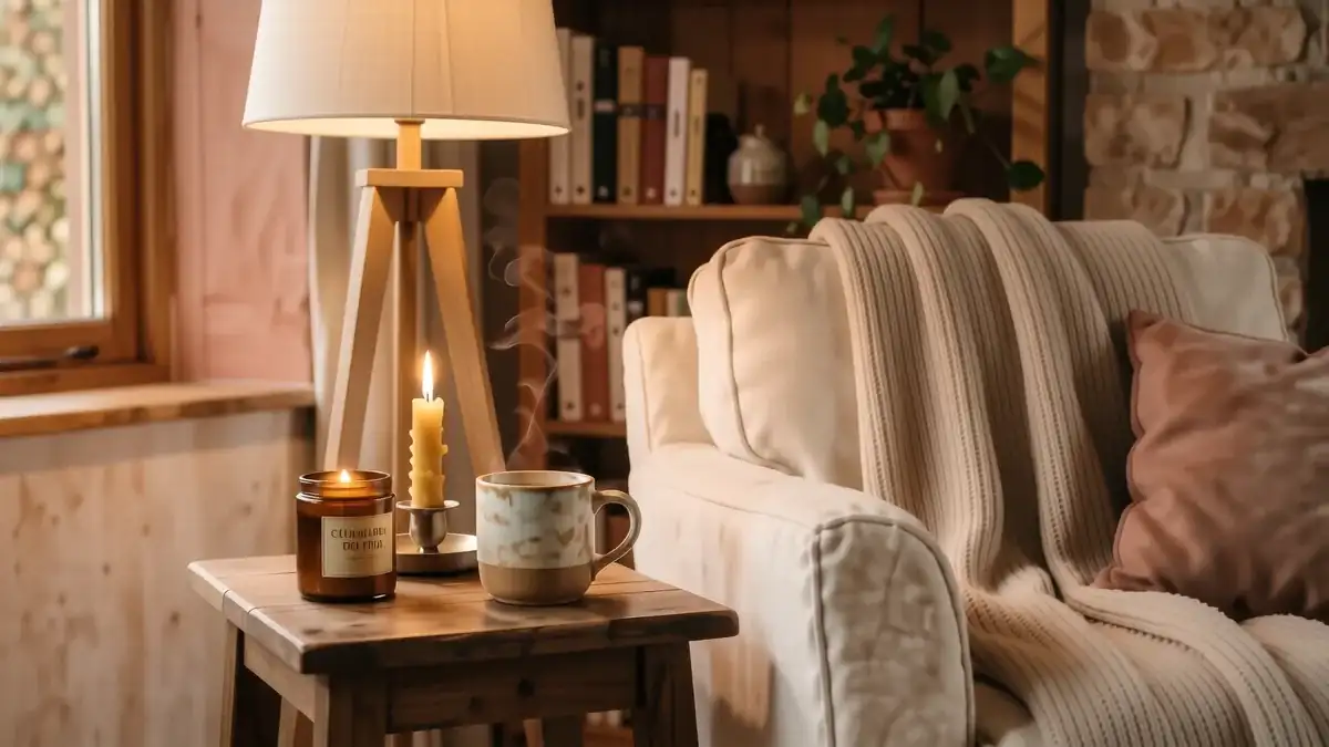 A cozy reading nook with a cream boucle chair, a chunky wool throw, and a warm lamp glowing on a wooden side table.