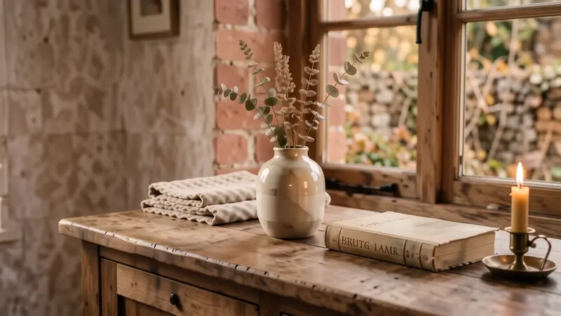 Minimalist wooden sideboard with a ceramic vase and a single book in soft morning light.