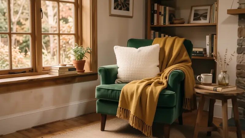 Cozy reading corner with a green velvet chair, boucle pillows, and a wool throw.