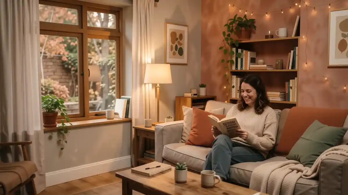 A cozy small apartment with warm lighting and smart storage