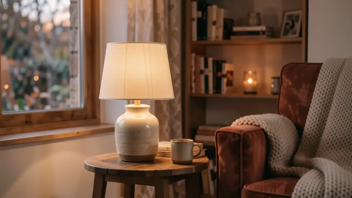 A cozy reading nook with a warm linen lampshade, a soft boucle chair, and a dim amber glow.