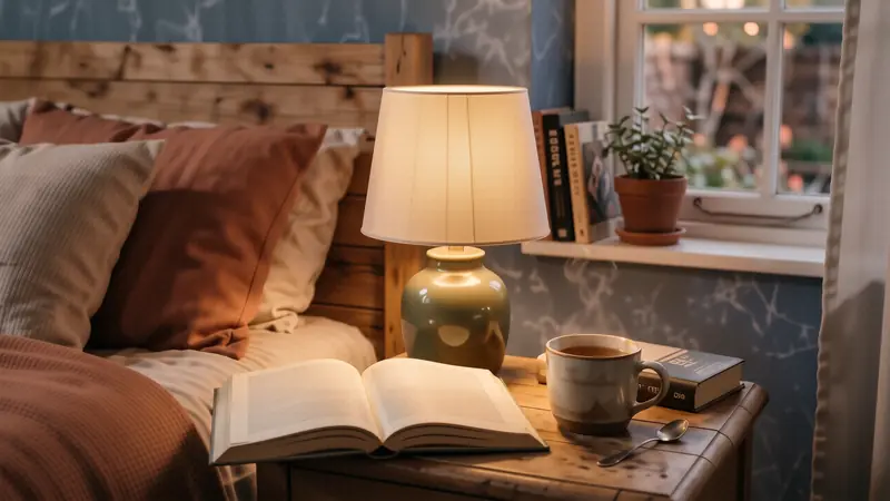 Close up of a warm amber bedside lamp illuminating a book on a wooden nightstand.