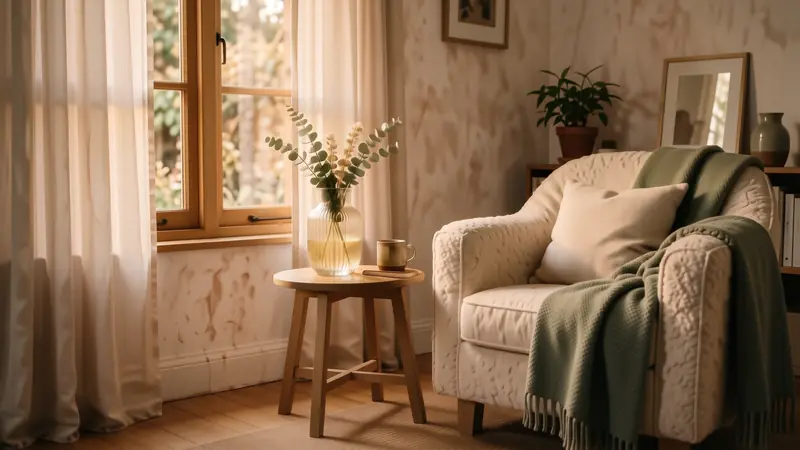 Warm light hitting a cream boucle chair and textured glassware.