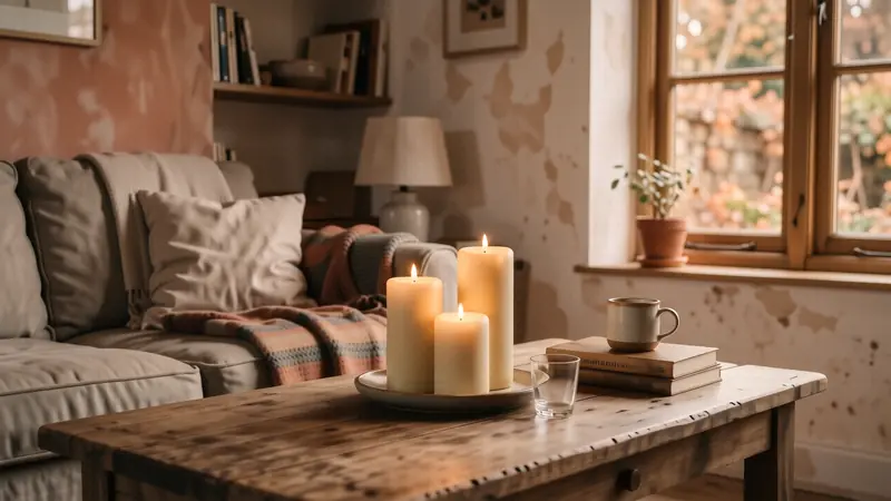 Three cream pillar candles of different heights on a dark wooden table.
